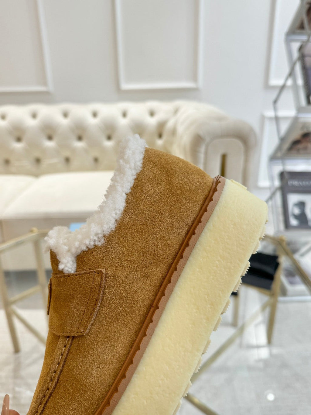 PRADA SUEDE LOAFER CAMEL WITH SHEARLING LINING