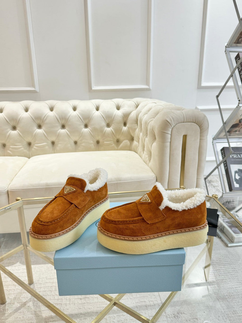 PRADA SUEDE LOAFER BRONZE BROWN WITH SHEARLING LINING
