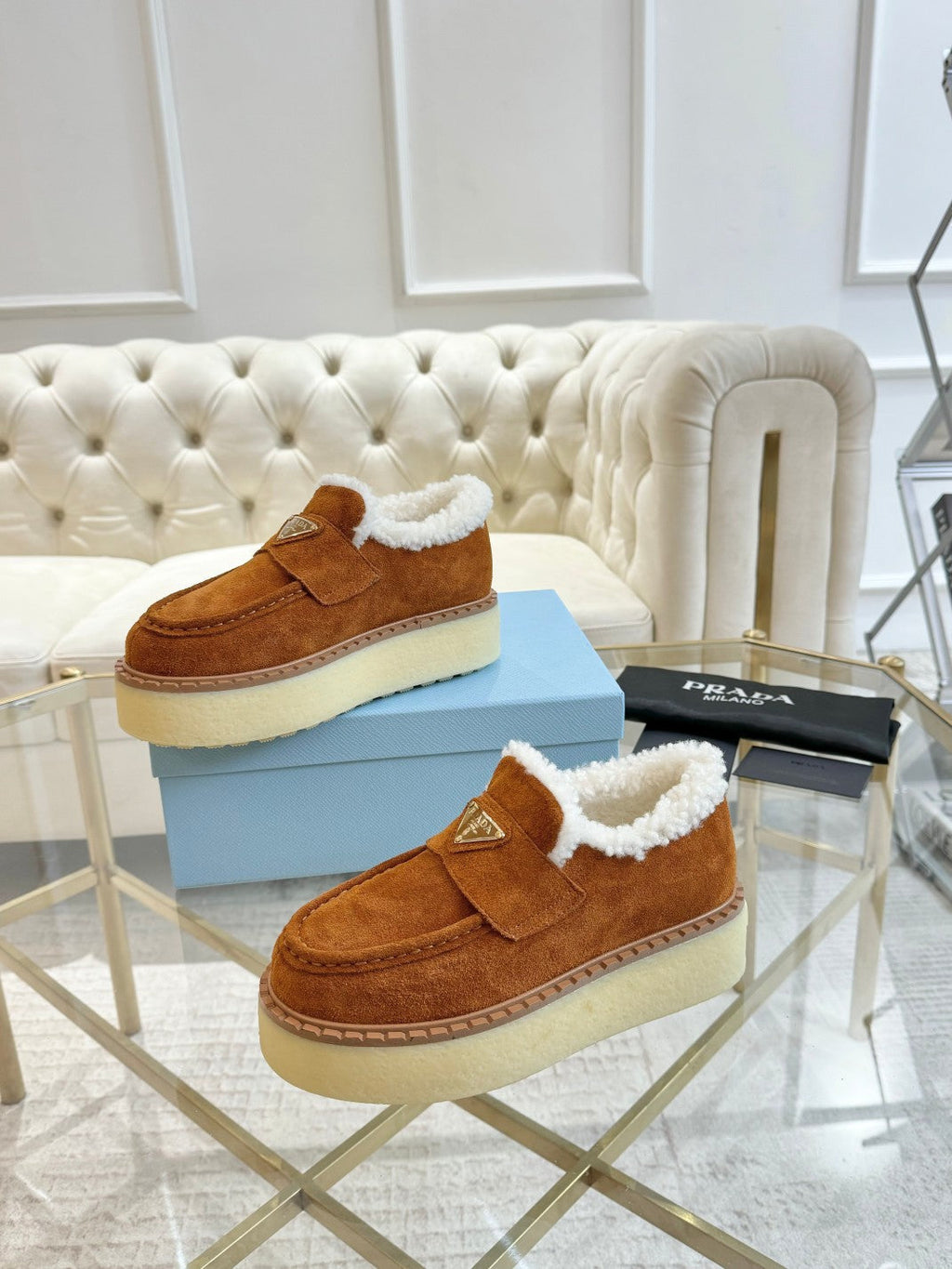 PRADA SUEDE LOAFER BRONZE BROWN WITH SHEARLING LINING