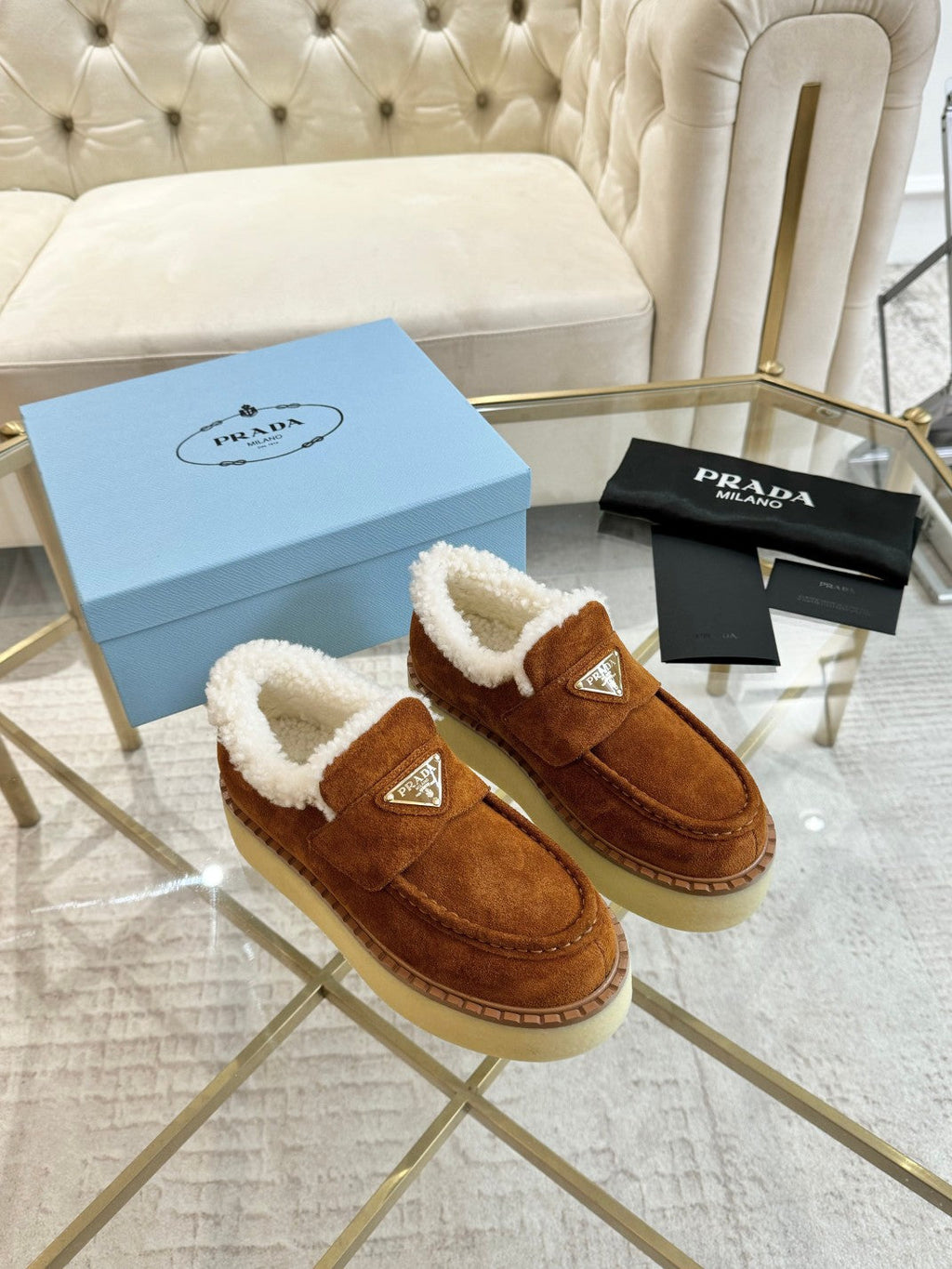 PRADA SUEDE LOAFER BRONZE BROWN WITH SHEARLING LINING
