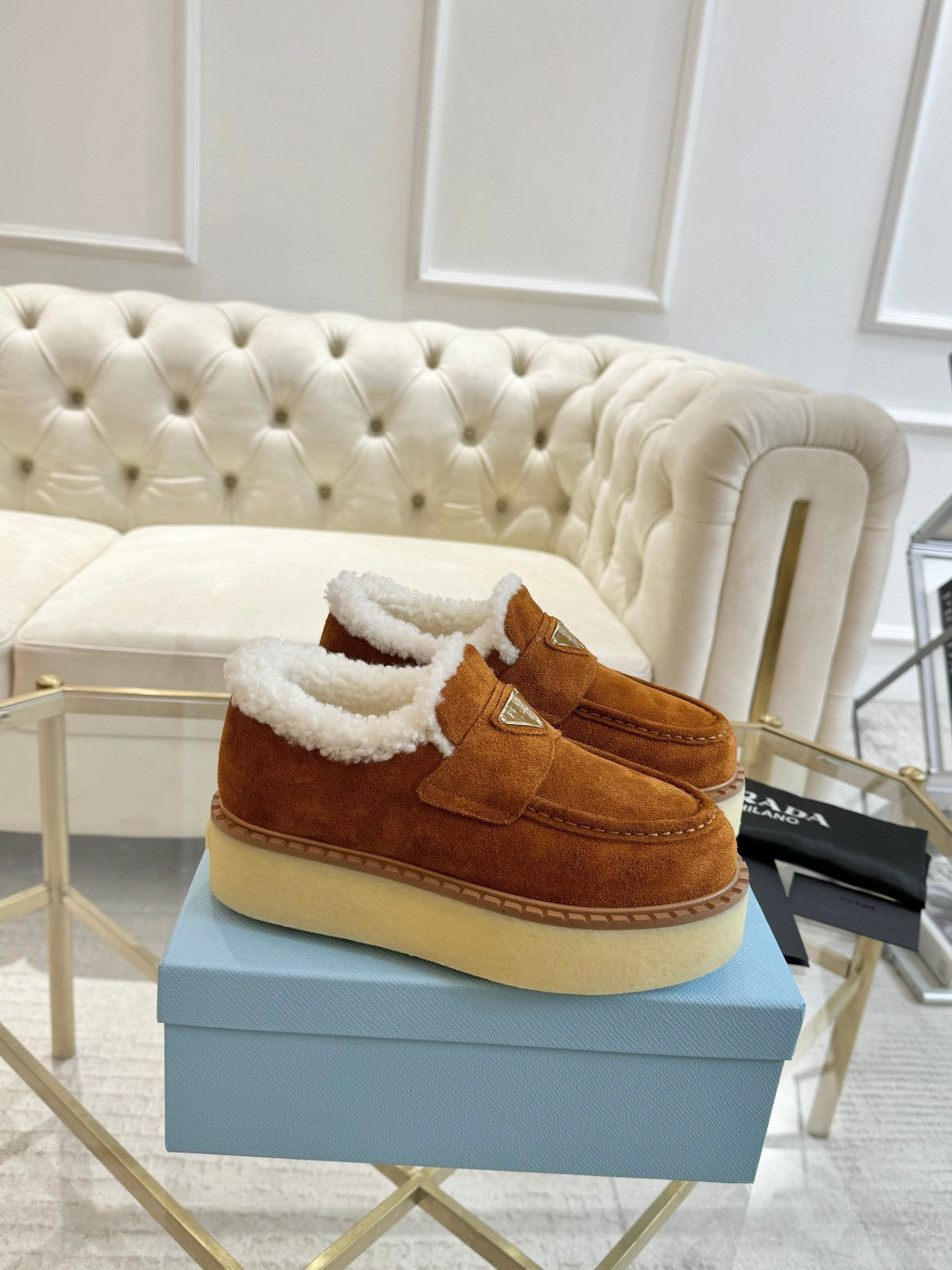 PRADA SUEDE LOAFER BRONZE BROWN WITH SHEARLING LINING
