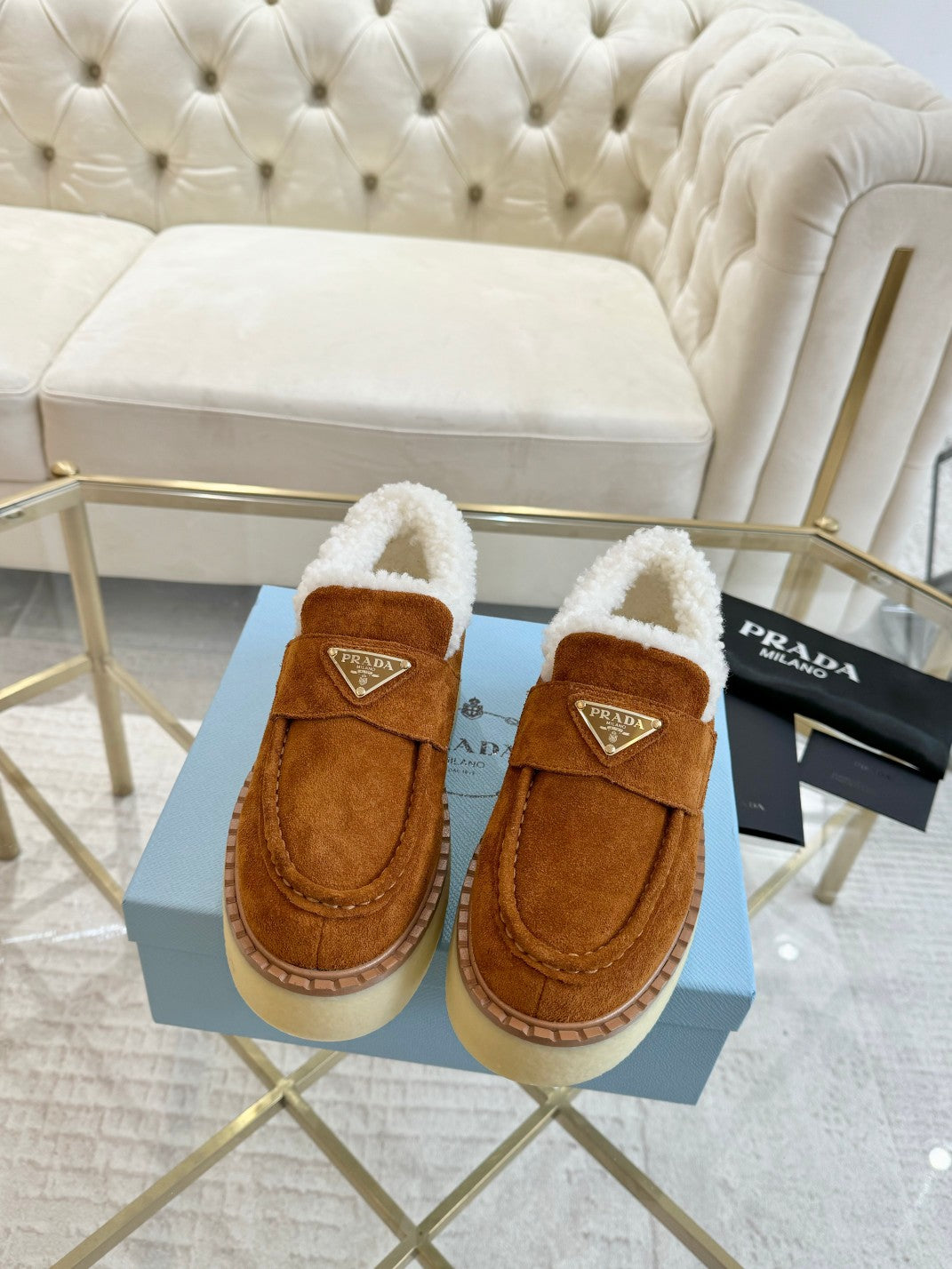 PRADA SUEDE LOAFER BRONZE BROWN WITH SHEARLING LINING