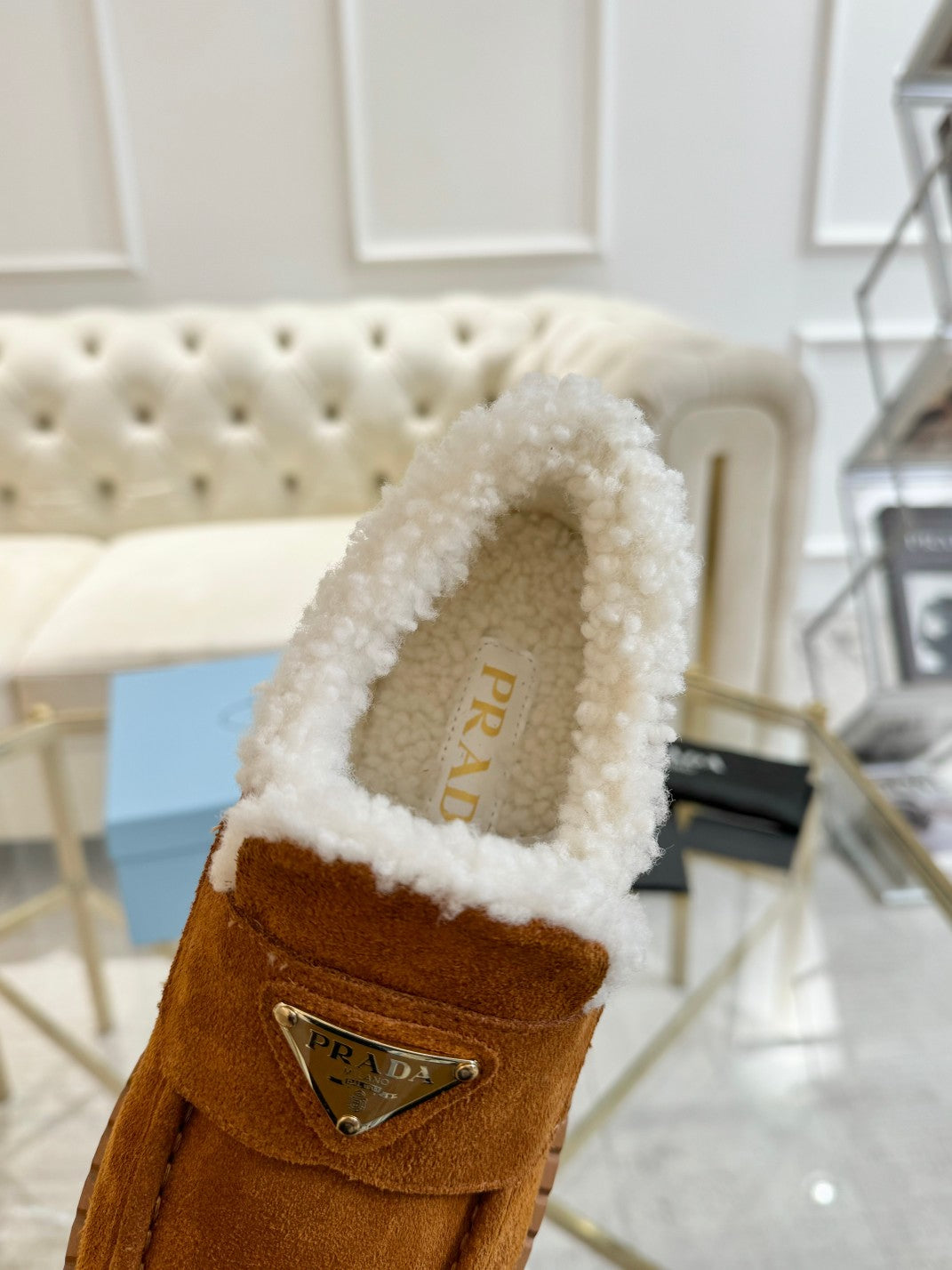 PRADA SUEDE LOAFER BRONZE BROWN WITH SHEARLING LINING