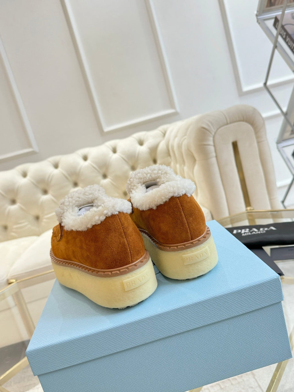PRADA SUEDE LOAFER BRONZE BROWN WITH SHEARLING LINING