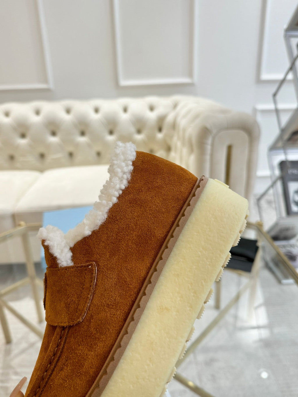 PRADA SUEDE LOAFER BRONZE BROWN WITH SHEARLING LINING