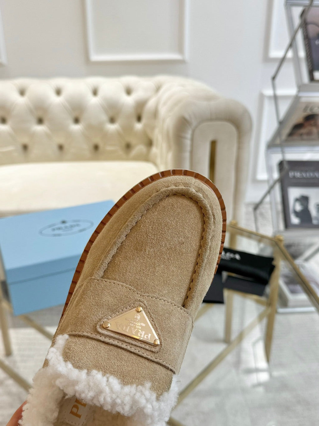 PRADA SUEDE LOAFER LIGHT FRENCH BEIGE WITH SHEARLING LINING