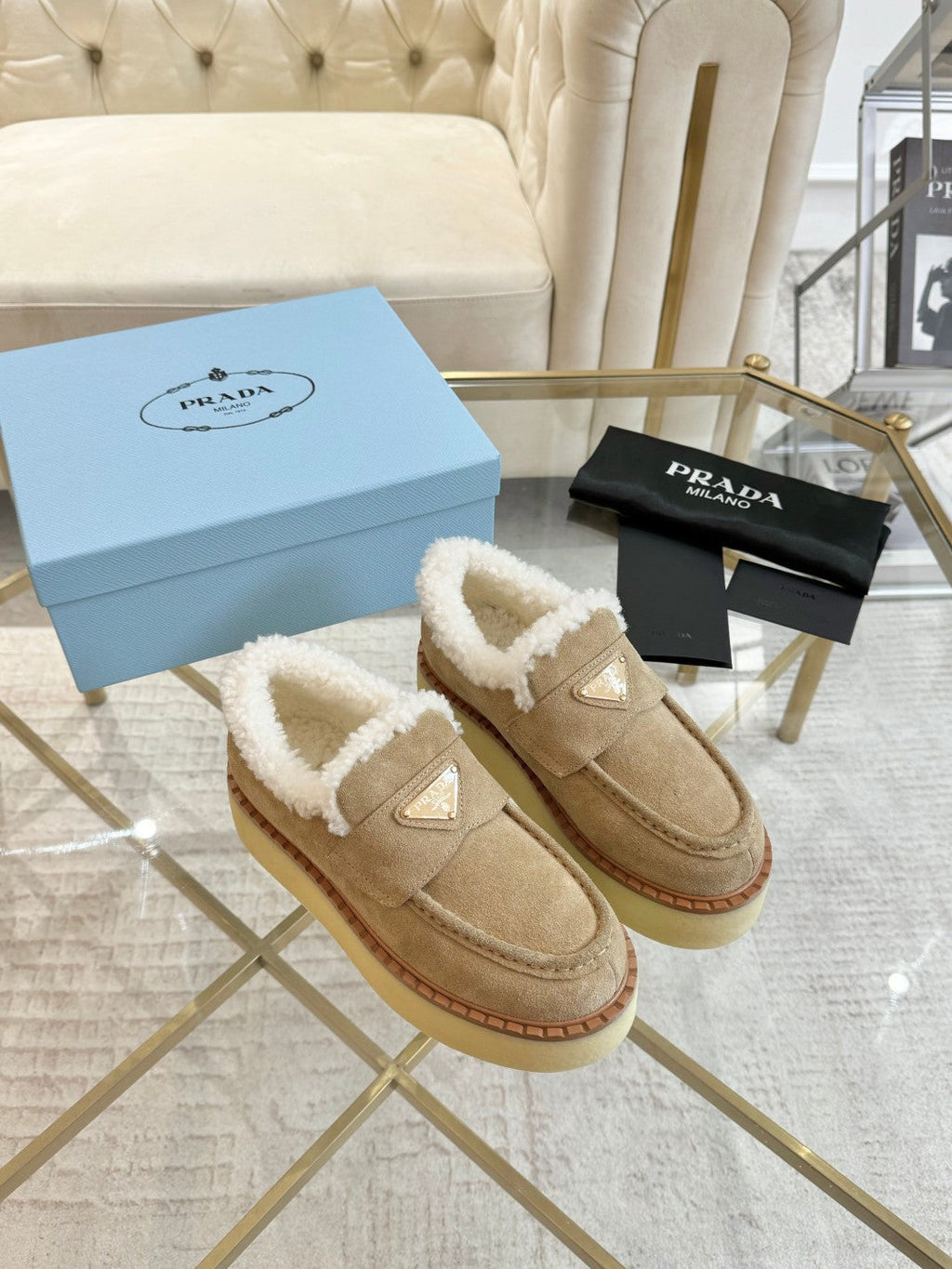 PRADA SUEDE LOAFER LIGHT FRENCH BEIGE WITH SHEARLING LINING