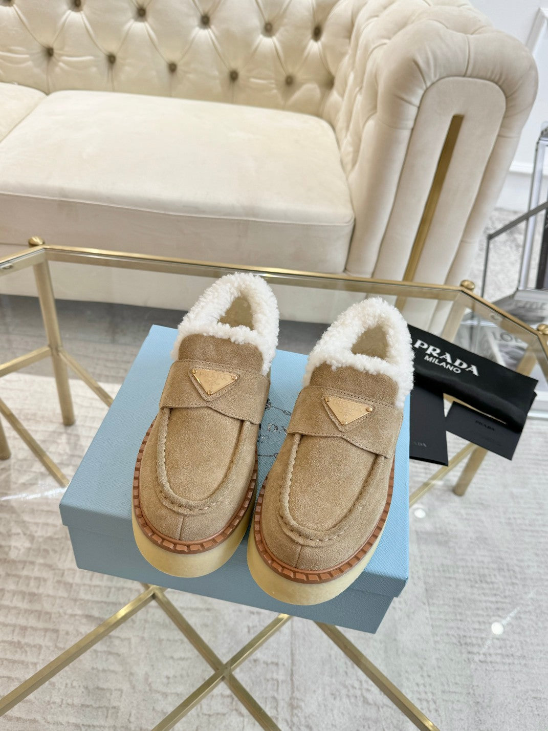 PRADA SUEDE LOAFER LIGHT FRENCH BEIGE WITH SHEARLING LINING