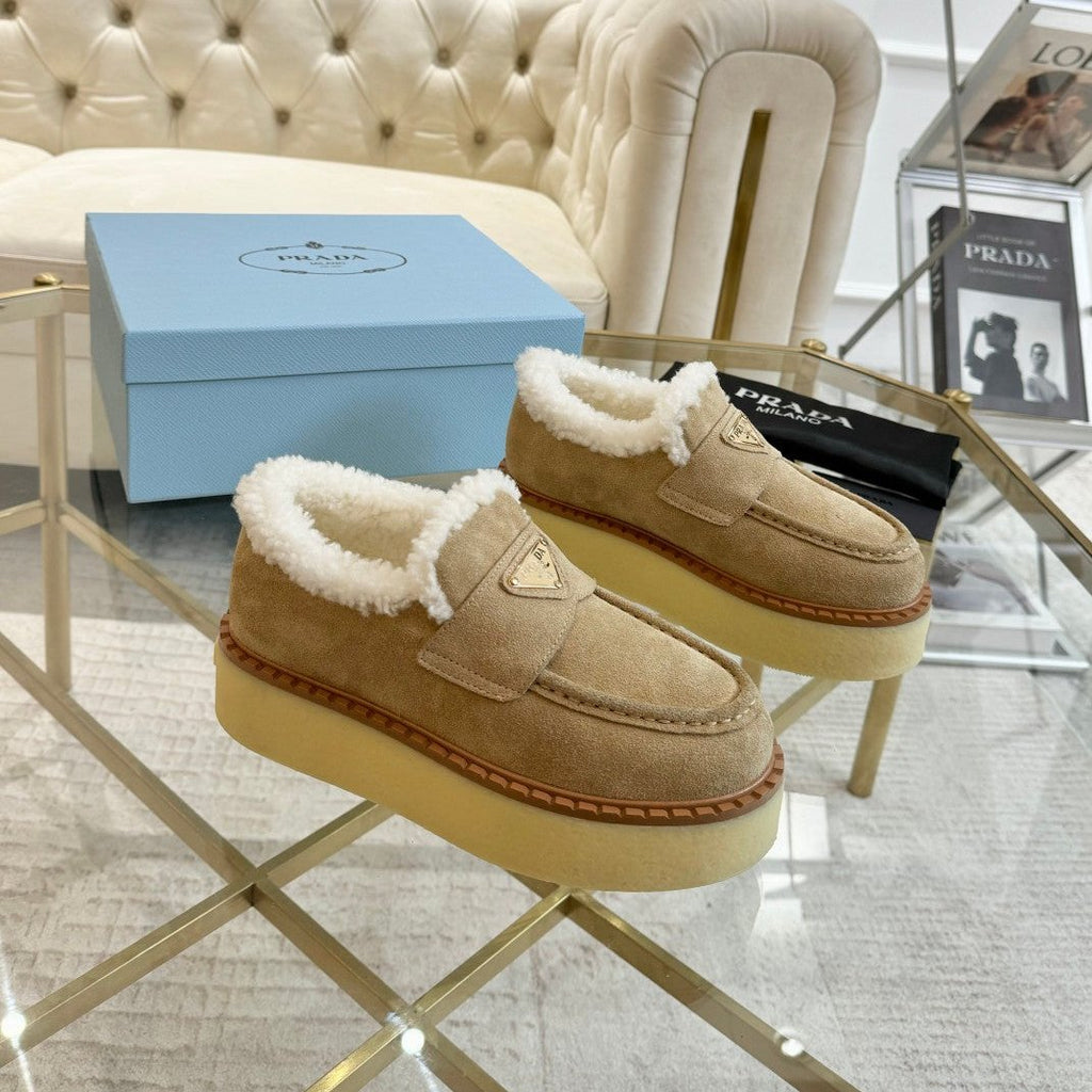 PRADA SUEDE LOAFER LIGHT FRENCH BEIGE WITH SHEARLING LINING