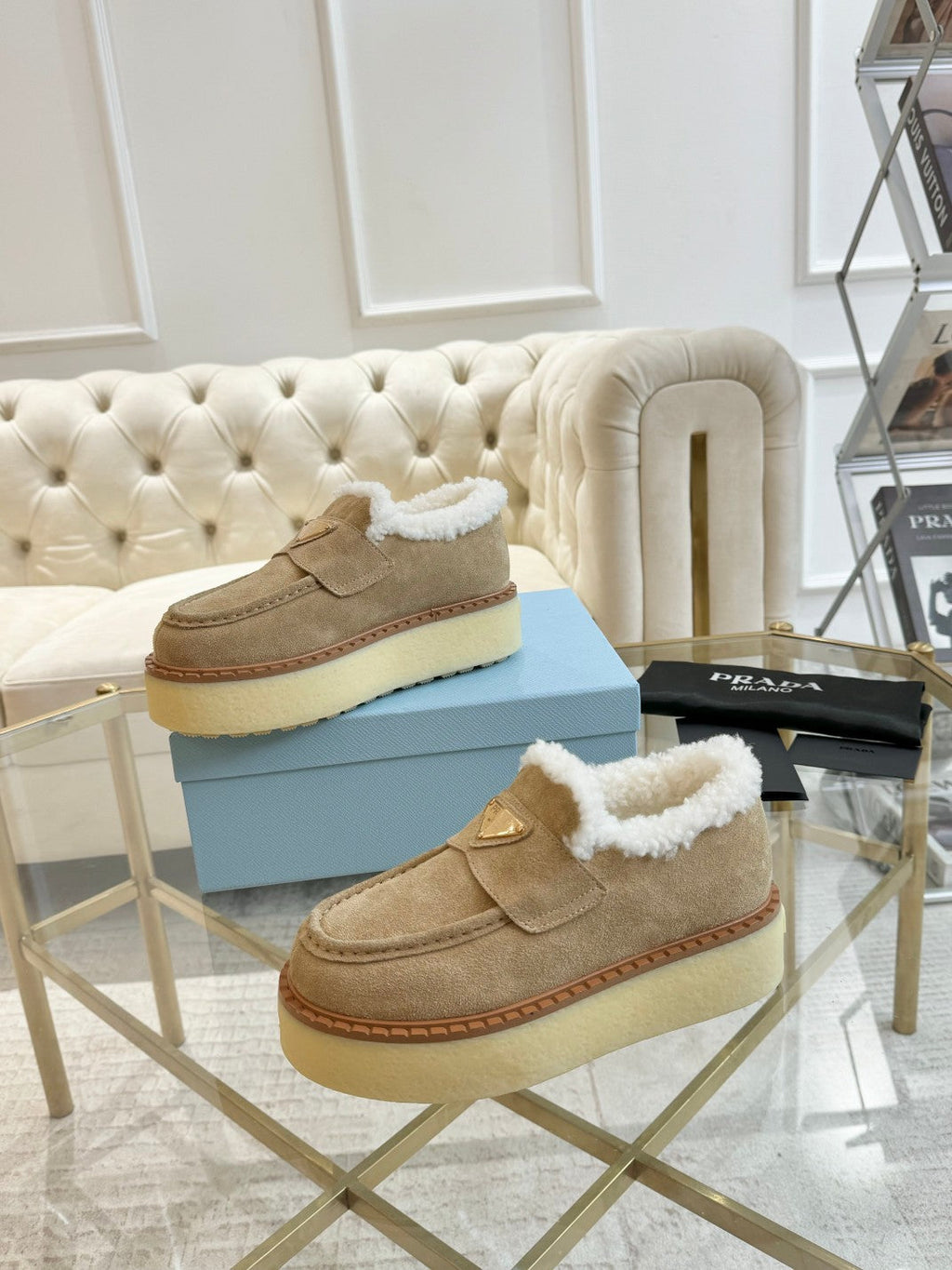 PRADA SUEDE LOAFER LIGHT FRENCH BEIGE WITH SHEARLING LINING