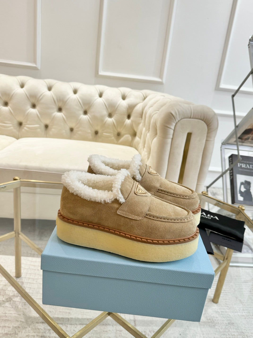 PRADA SUEDE LOAFER LIGHT FRENCH BEIGE WITH SHEARLING LINING