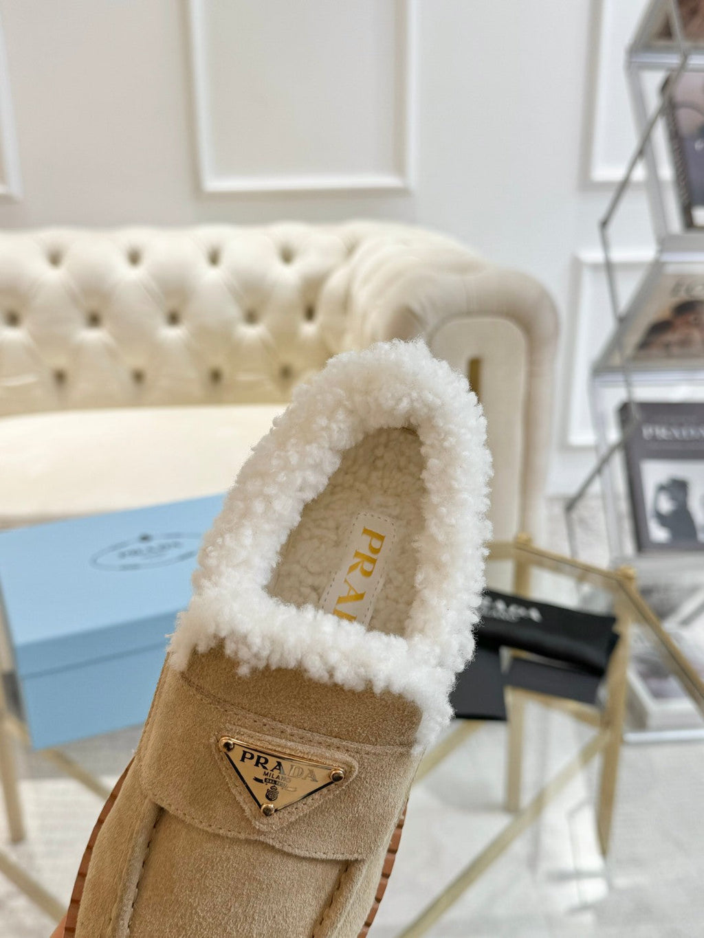 PRADA SUEDE LOAFER LIGHT FRENCH BEIGE WITH SHEARLING LINING
