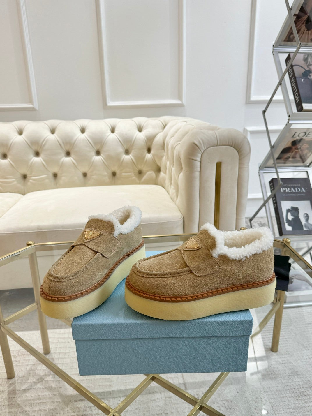 PRADA SUEDE LOAFER LIGHT FRENCH BEIGE WITH SHEARLING LINING
