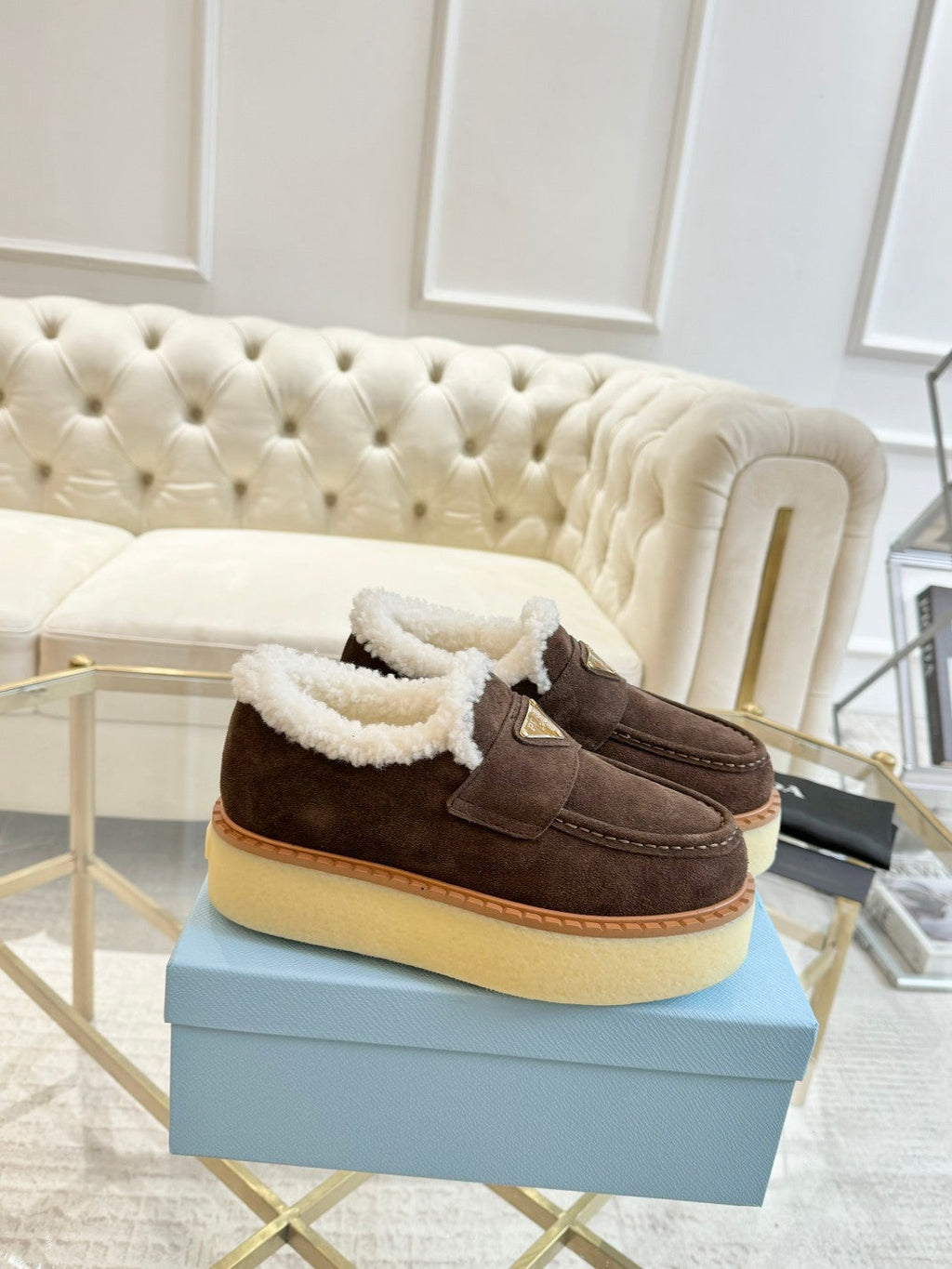 PRADA SUEDE LOAFER CHOCOLATE WITH SHEARLING LINING