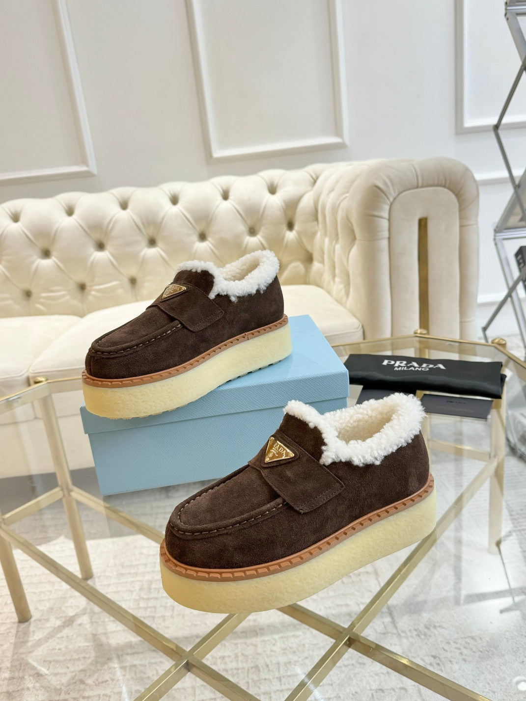 PRADA SUEDE LOAFER CHOCOLATE WITH SHEARLING LINING