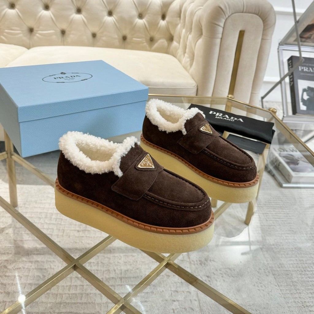 PRADA SUEDE LOAFER CHOCOLATE WITH SHEARLING LINING