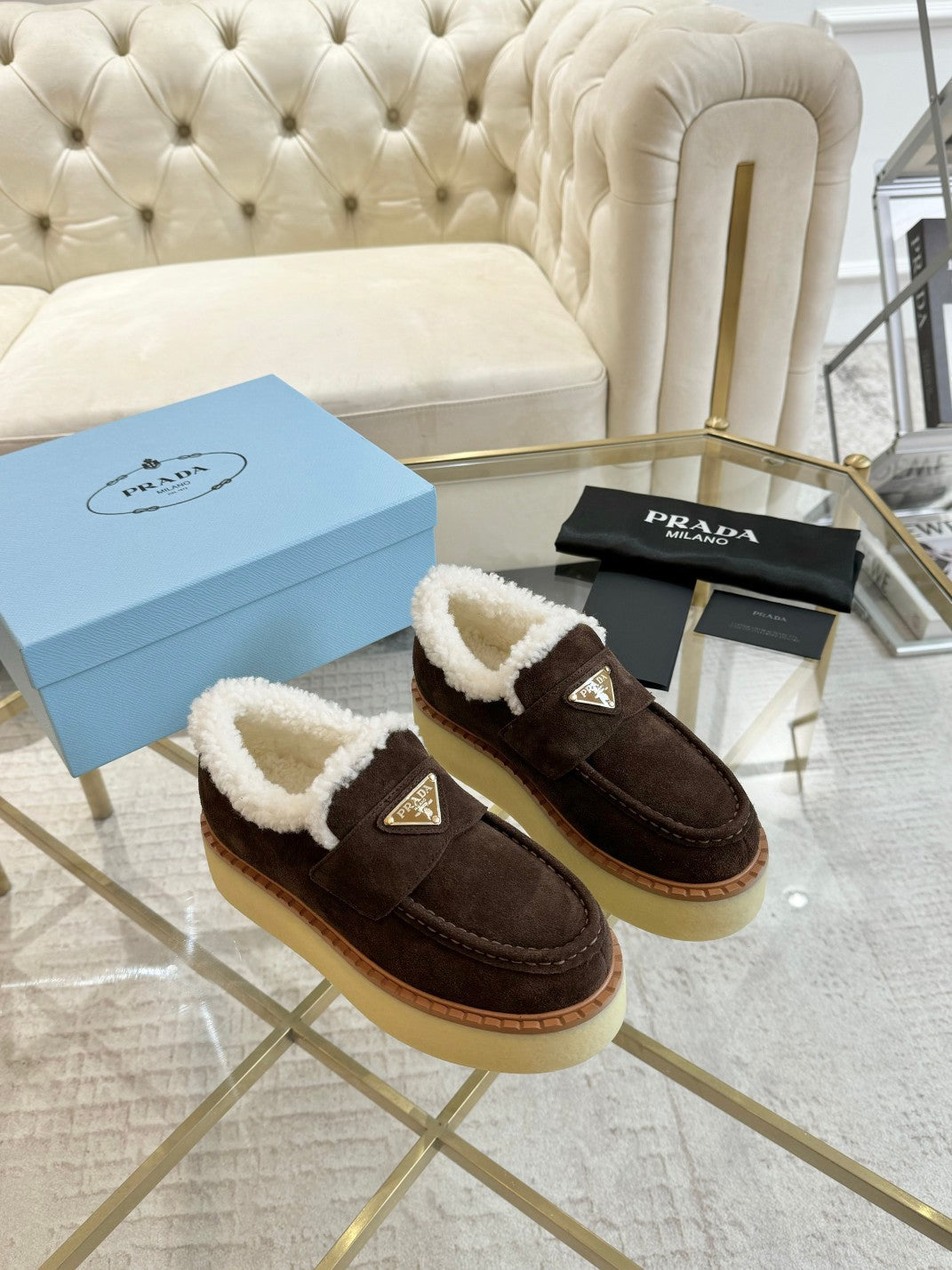 PRADA SUEDE LOAFER CHOCOLATE WITH SHEARLING LINING