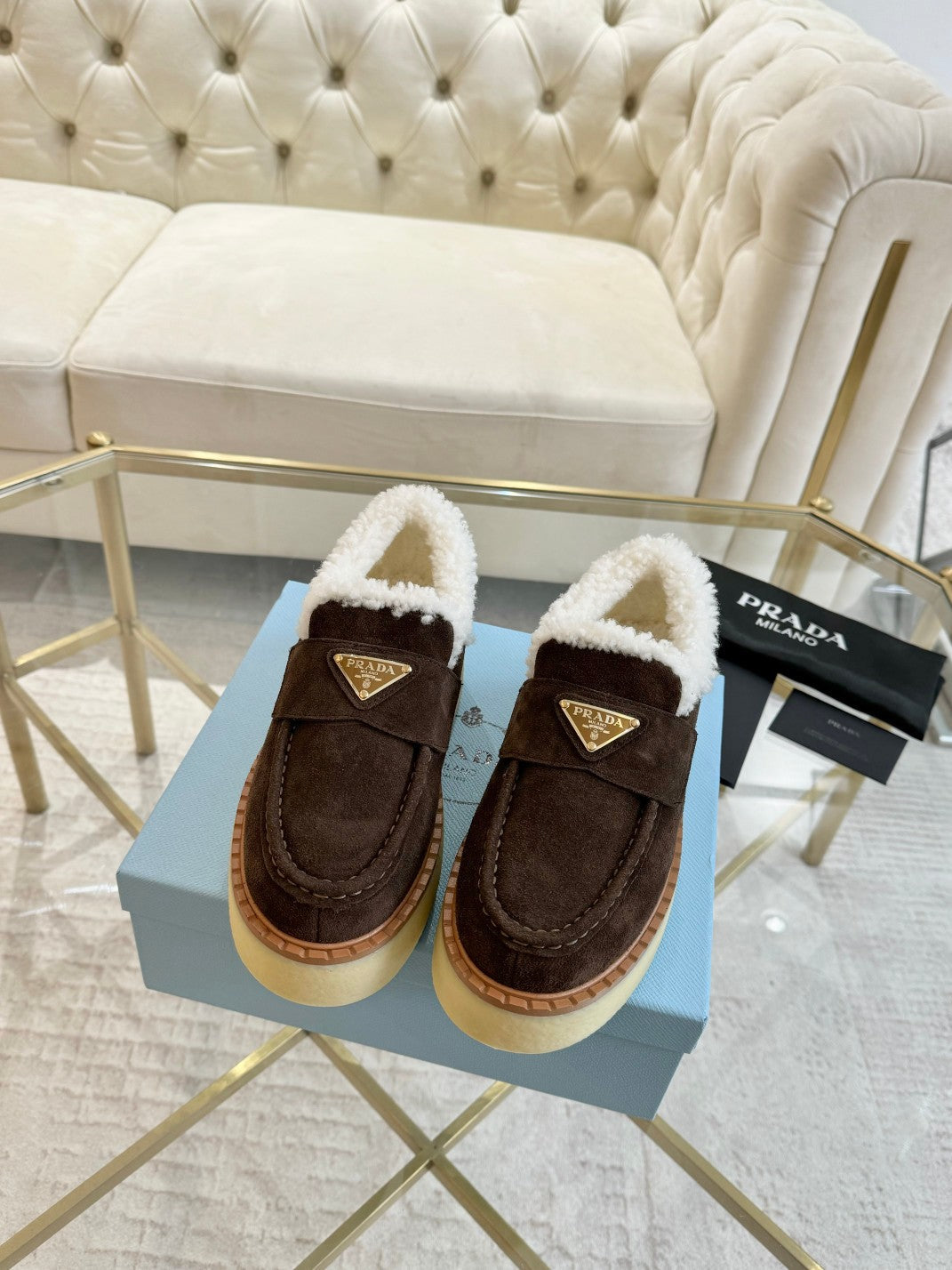 PRADA SUEDE LOAFER CHOCOLATE WITH SHEARLING LINING