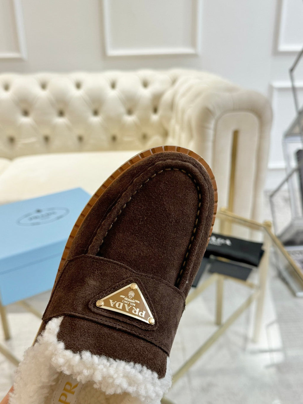 PRADA SUEDE LOAFER CHOCOLATE WITH SHEARLING LINING