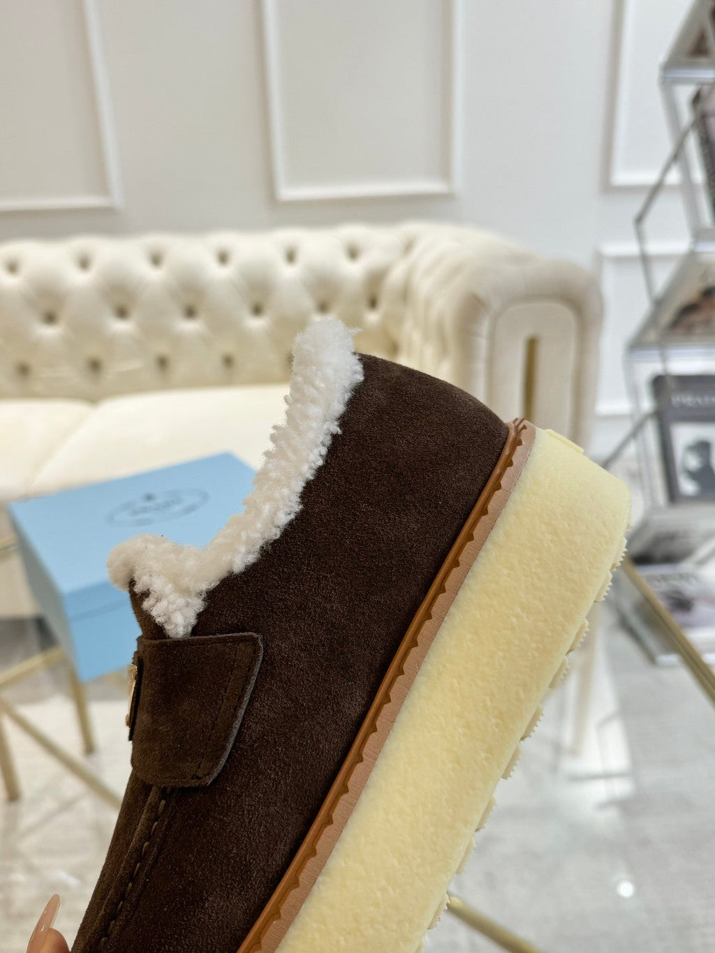 PRADA SUEDE LOAFER CHOCOLATE WITH SHEARLING LINING