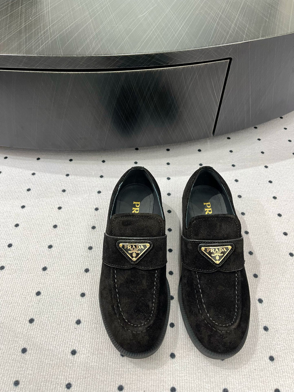 PRADA TRIANGLE LOGO LOAFER IN BLACK SUEDE