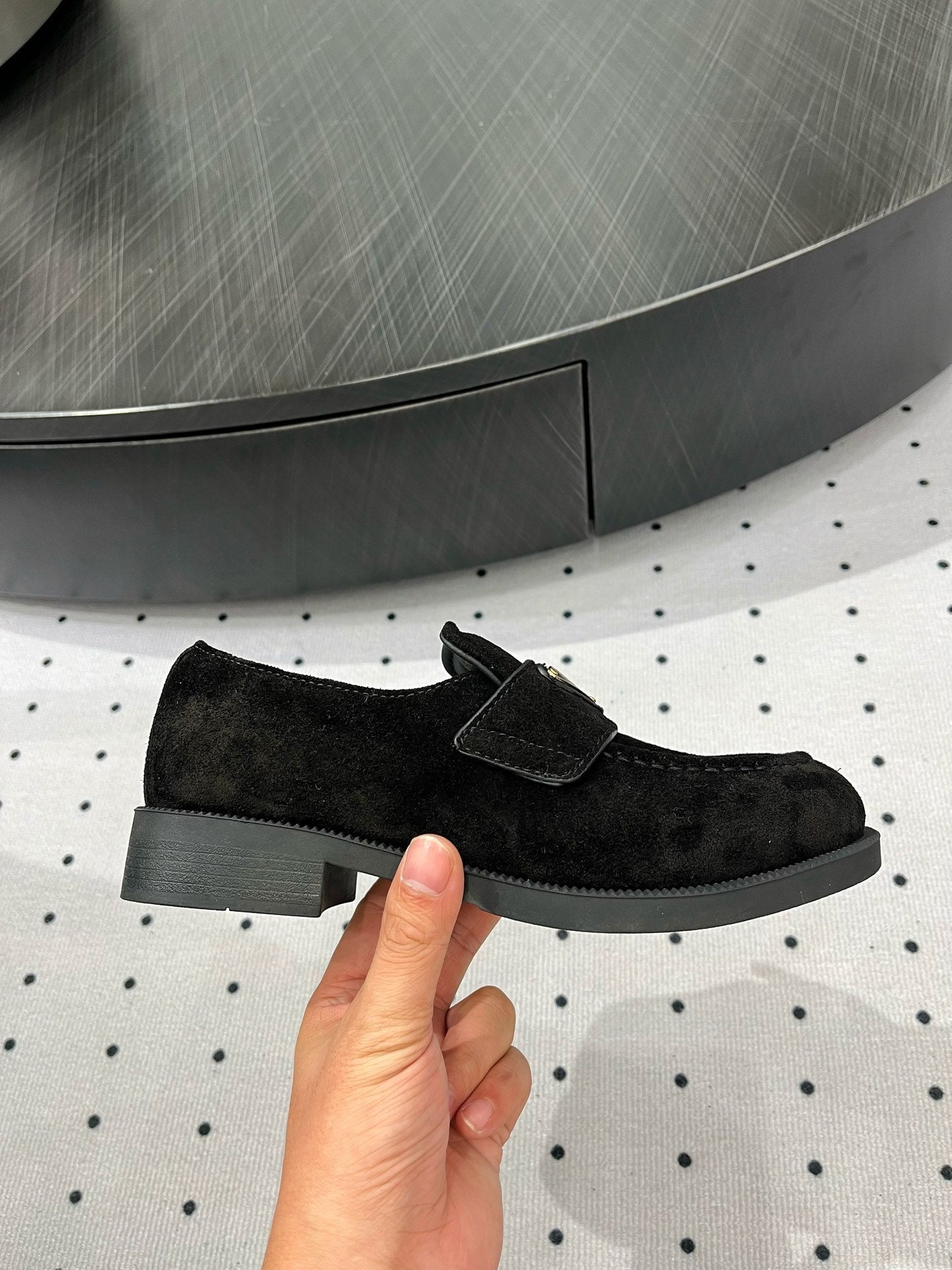 PRADA TRIANGLE LOGO LOAFER IN BLACK SUEDE