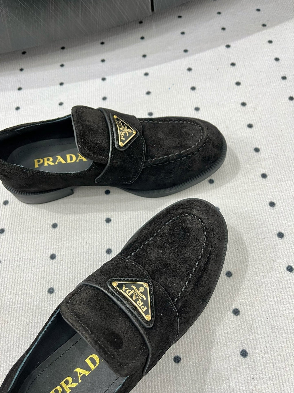 PRADA TRIANGLE LOGO LOAFER IN BLACK SUEDE