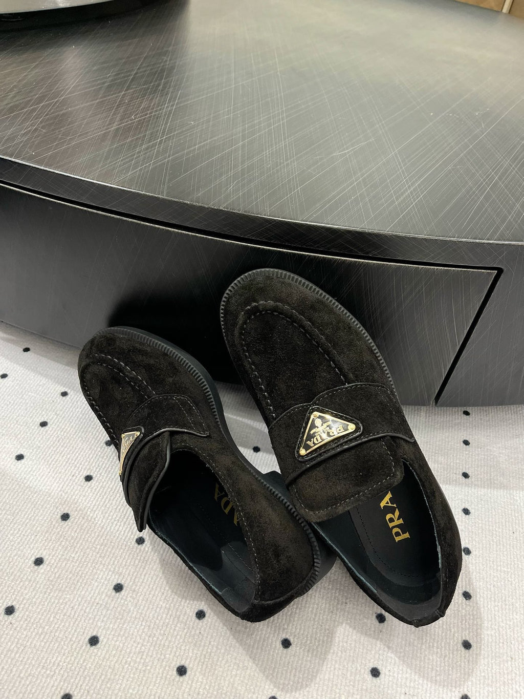 PRADA TRIANGLE LOGO LOAFER IN BLACK SUEDE
