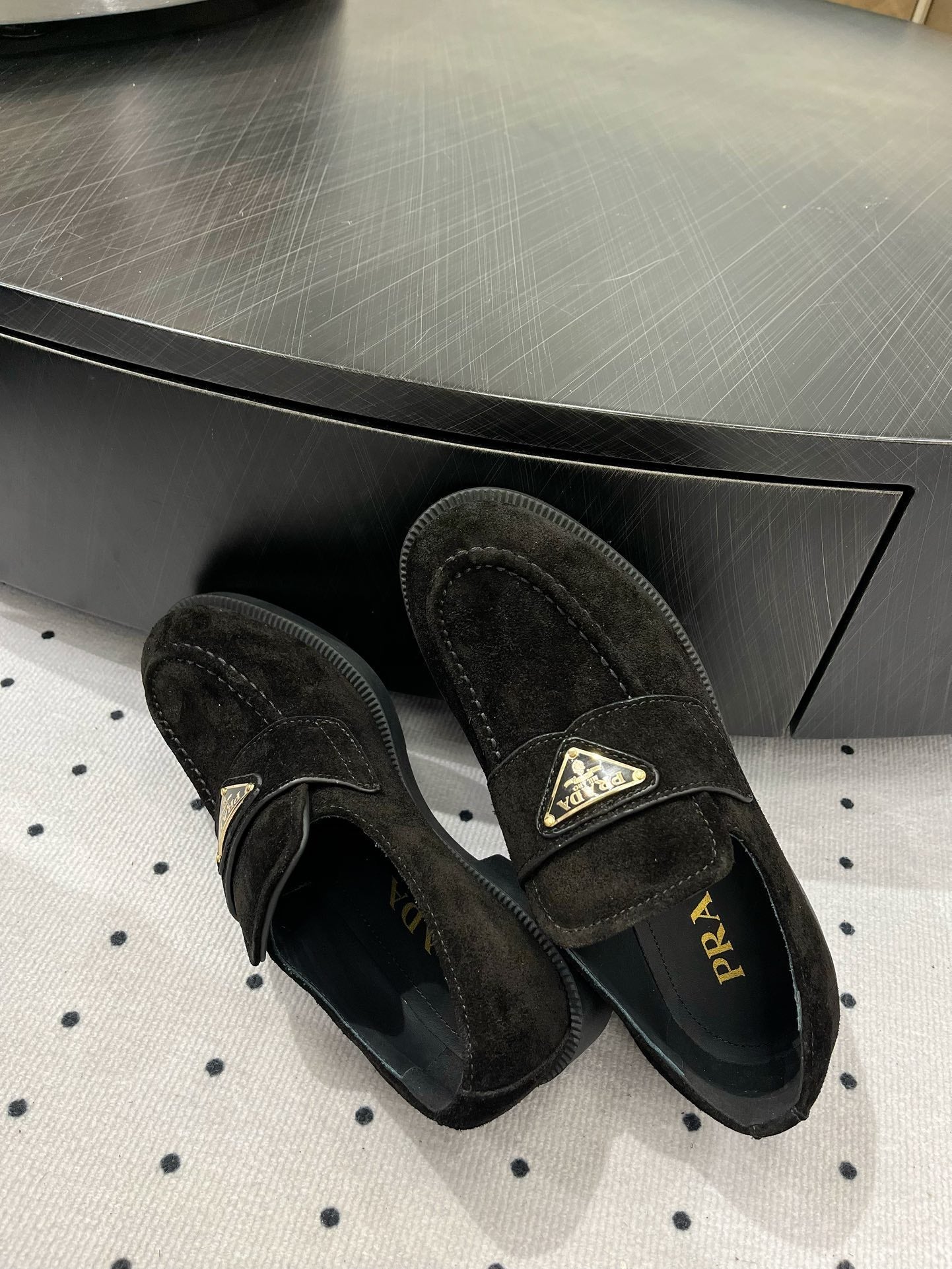 PRADA TRIANGLE LOGO LOAFER IN BLACK SUEDE