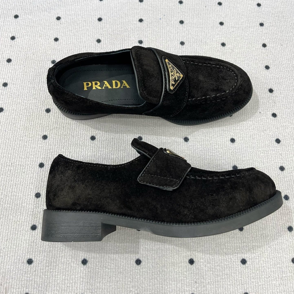 PRADA TRIANGLE LOGO LOAFER IN BLACK SUEDE