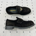 PRADA TRIANGLE LOGO LOAFER IN BLACK SUEDE