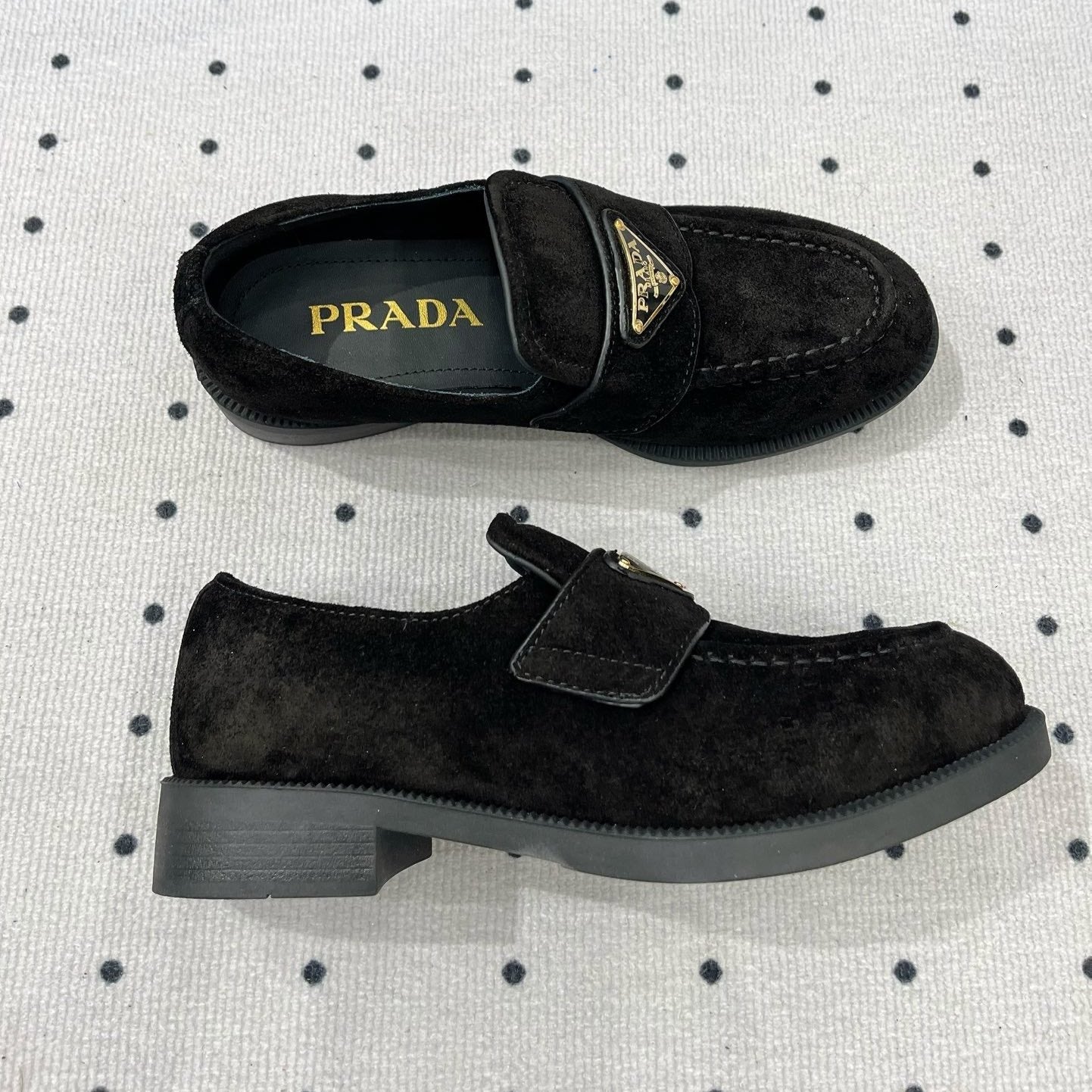 PRADA TRIANGLE LOGO LOAFER IN BLACK SUEDE