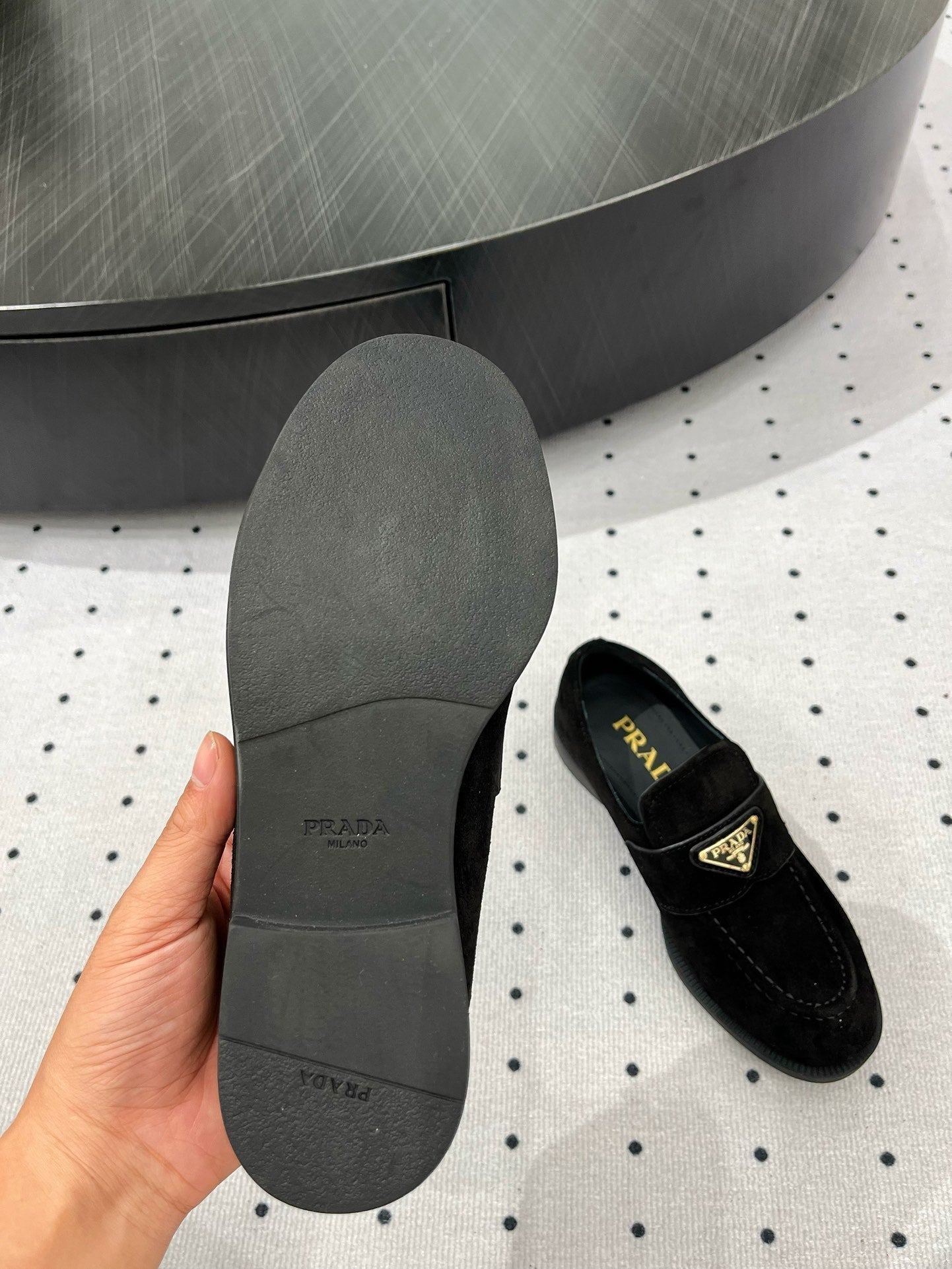 PRADA TRIANGLE LOGO LOAFER IN BLACK SUEDE