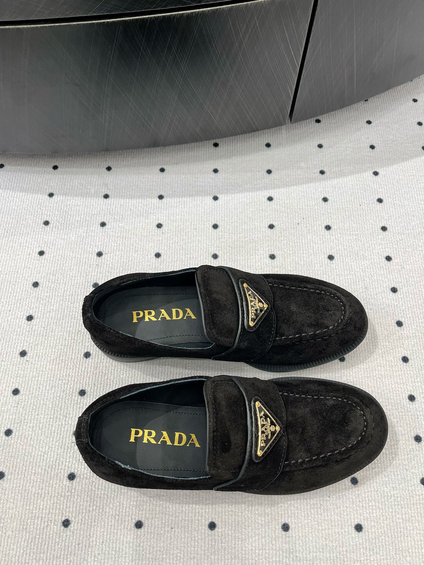 PRADA TRIANGLE LOGO LOAFER IN BLACK SUEDE