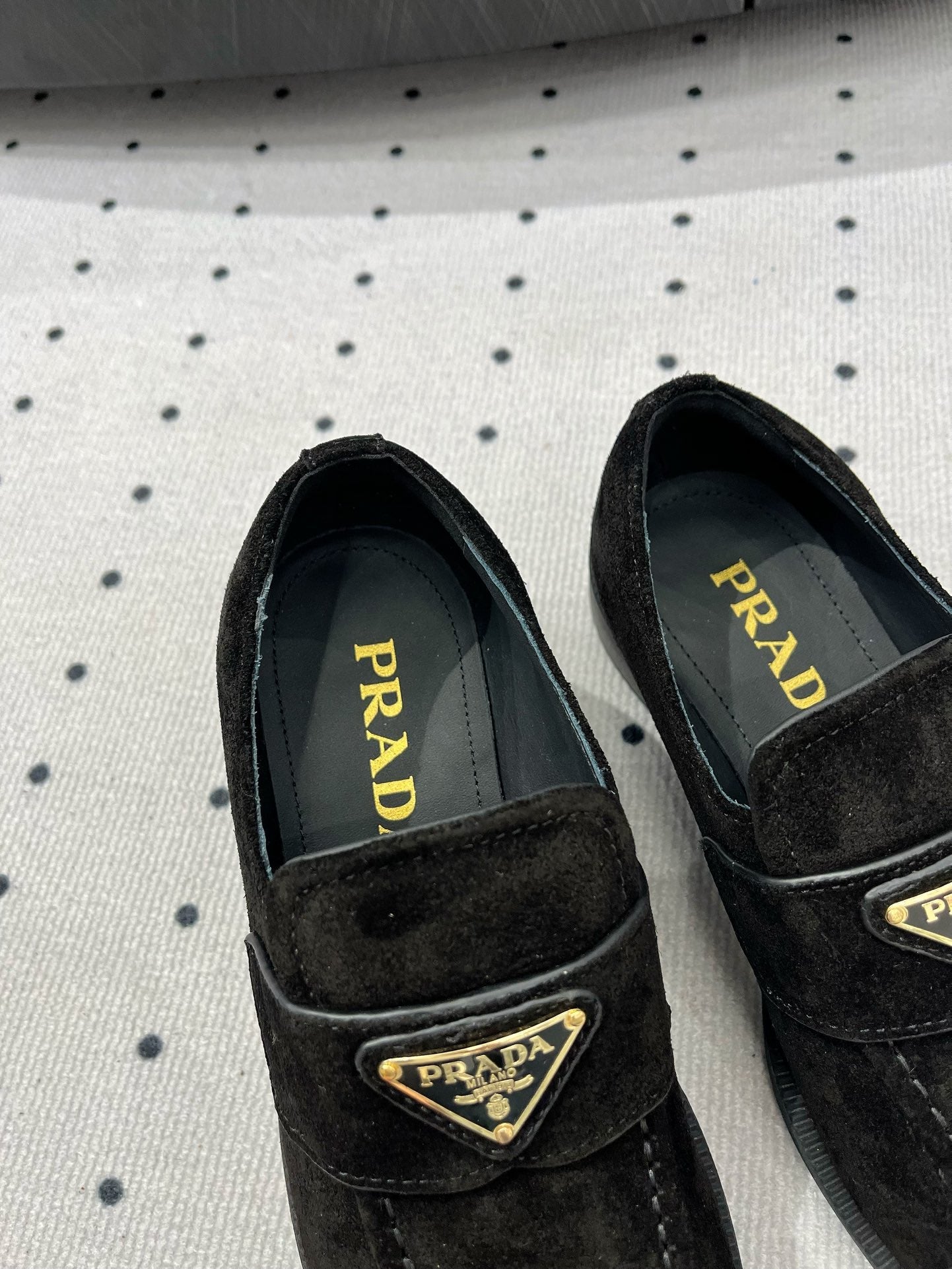 PRADA TRIANGLE LOGO LOAFER IN BLACK SUEDE