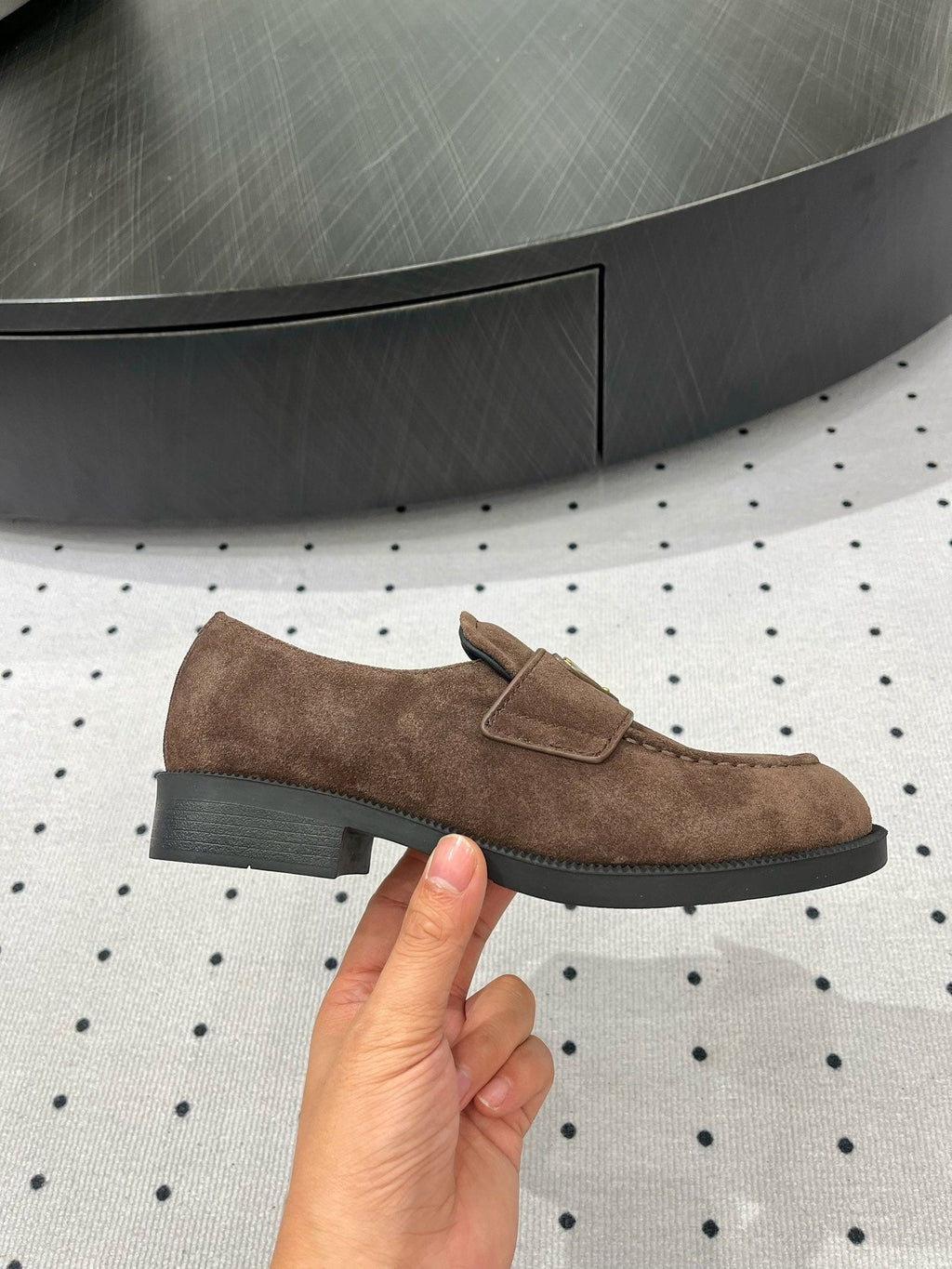 PRADA TRIANGLE LOGO LOAFER IN WOOD BROWN SUEDE