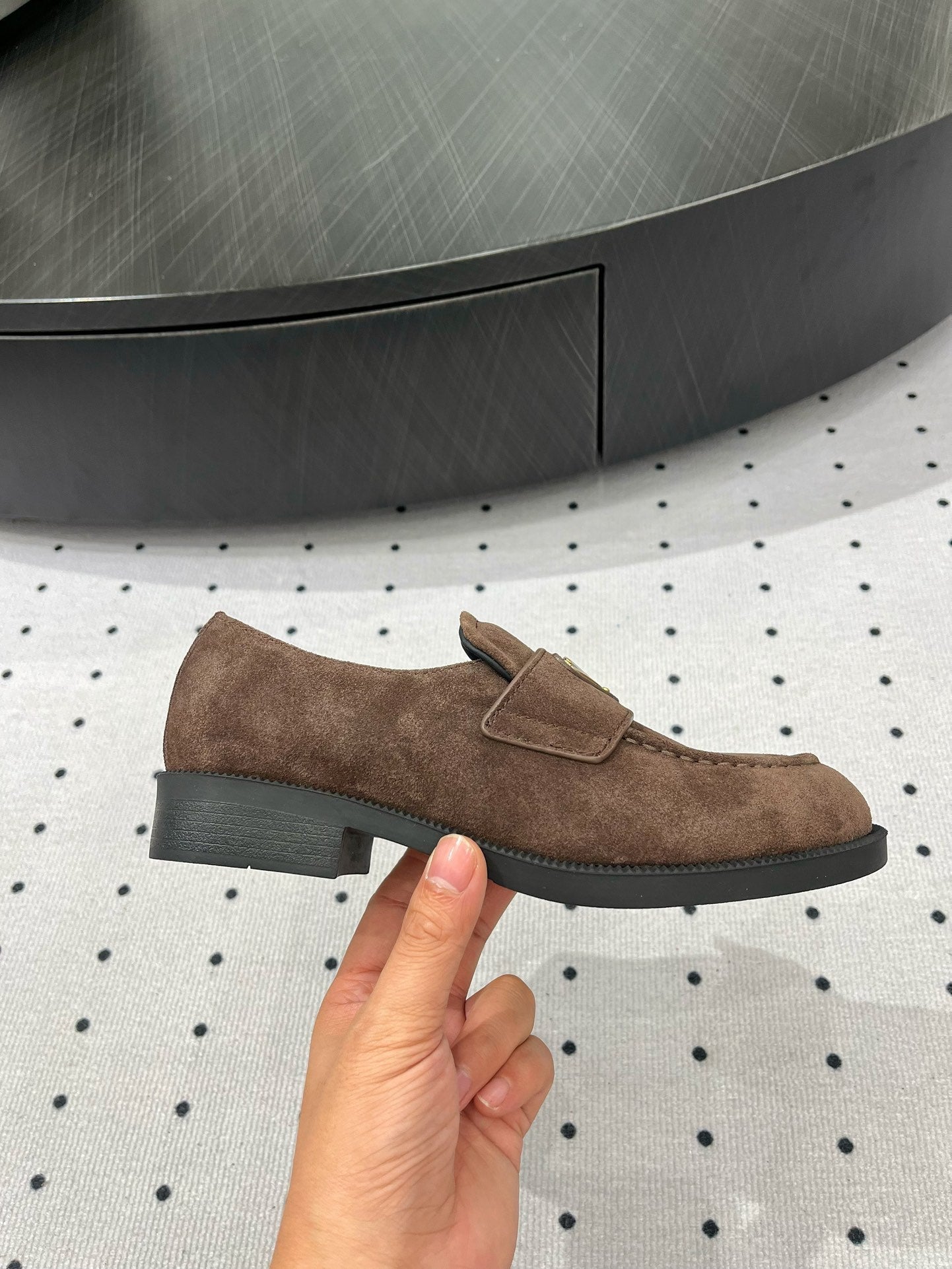 PRADA TRIANGLE LOGO LOAFER IN WOOD BROWN SUEDE