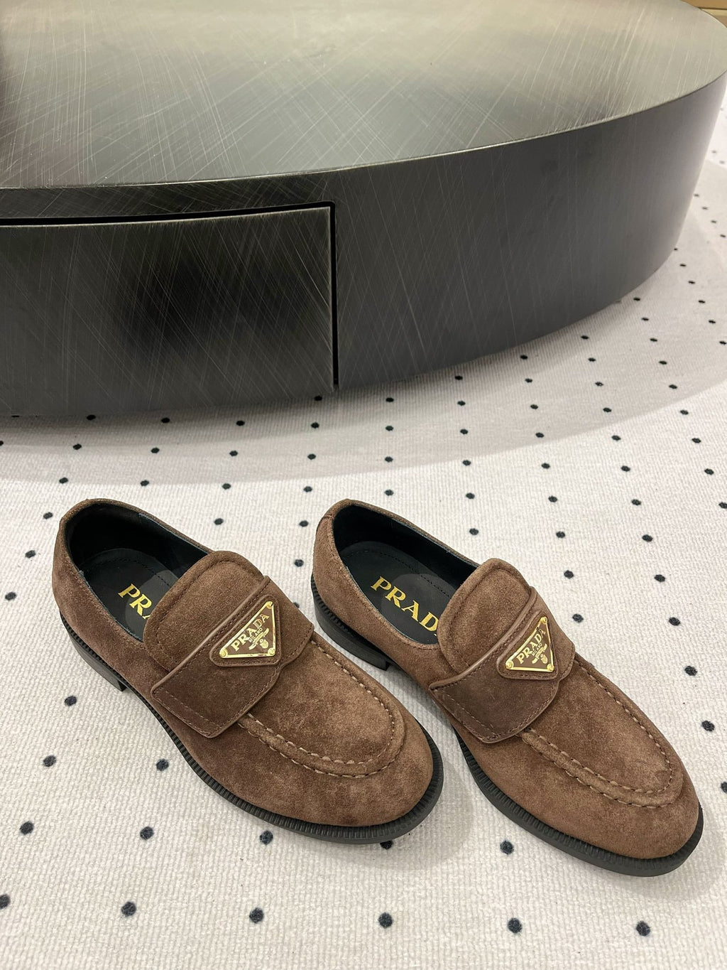 PRADA TRIANGLE LOGO LOAFER IN WOOD BROWN SUEDE