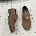 PRADA TRIANGLE LOGO LOAFER IN WOOD BROWN SUEDE