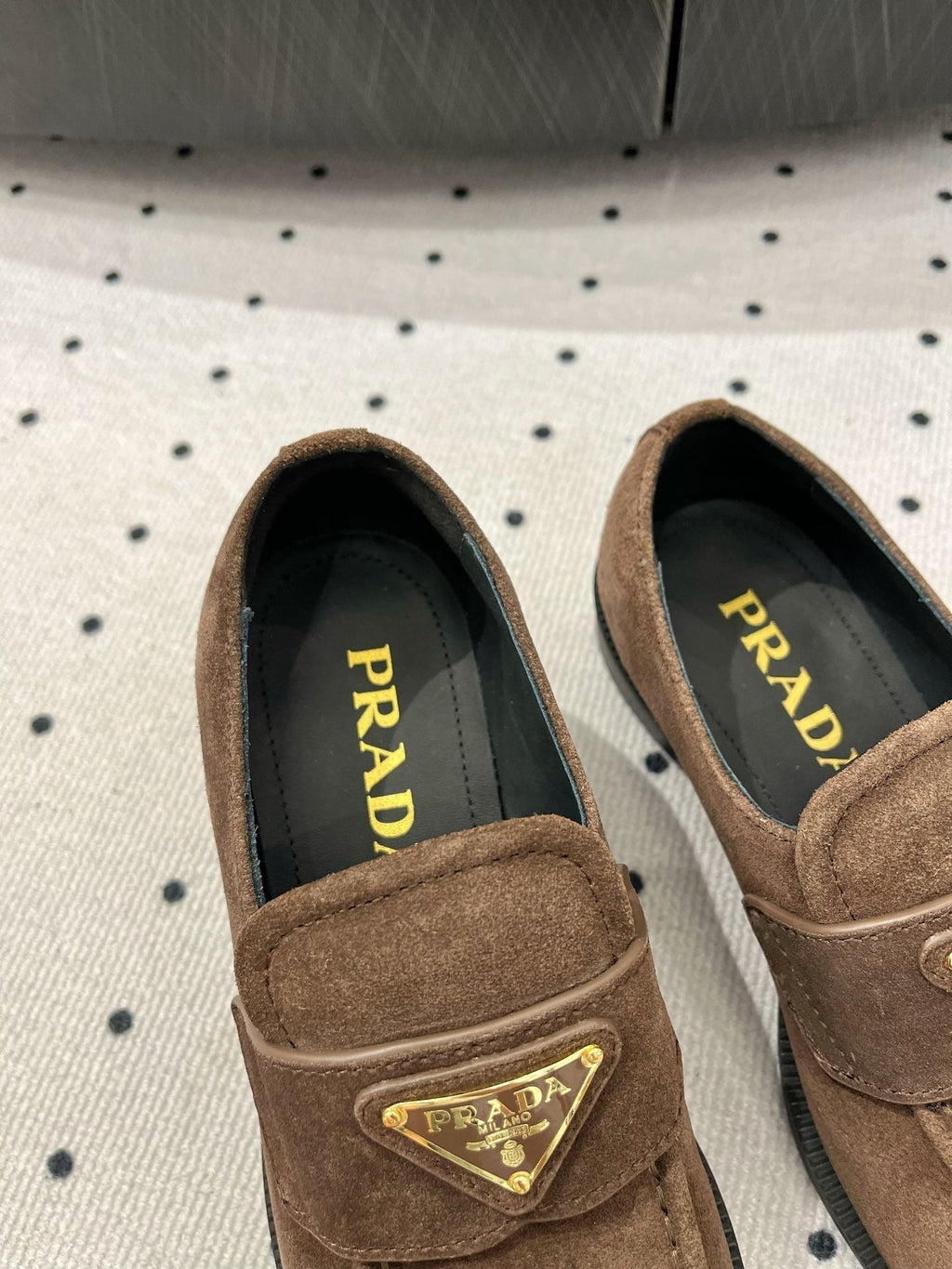 PRADA TRIANGLE LOGO LOAFER IN WOOD BROWN SUEDE