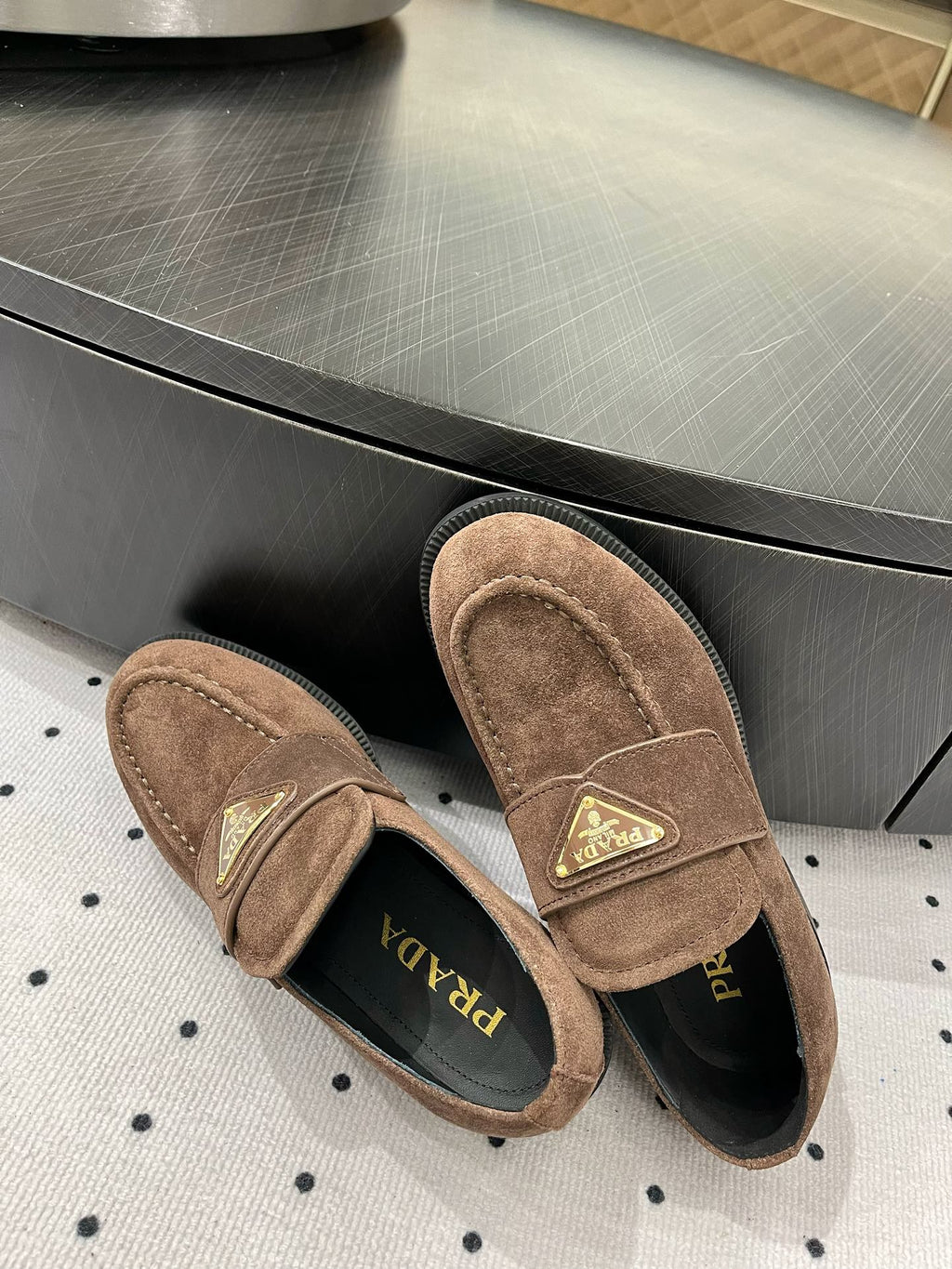 PRADA TRIANGLE LOGO LOAFER IN WOOD BROWN SUEDE