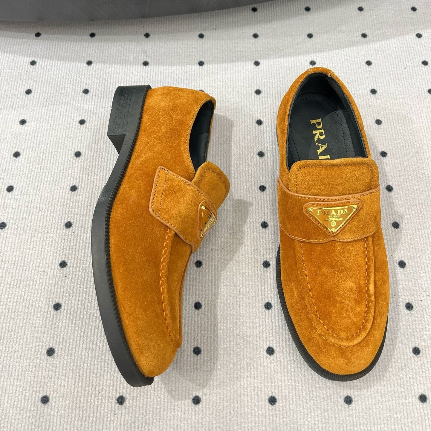 PRADA TRIANGLE LOGO LOAFER IN PERU BROWN SUEDE