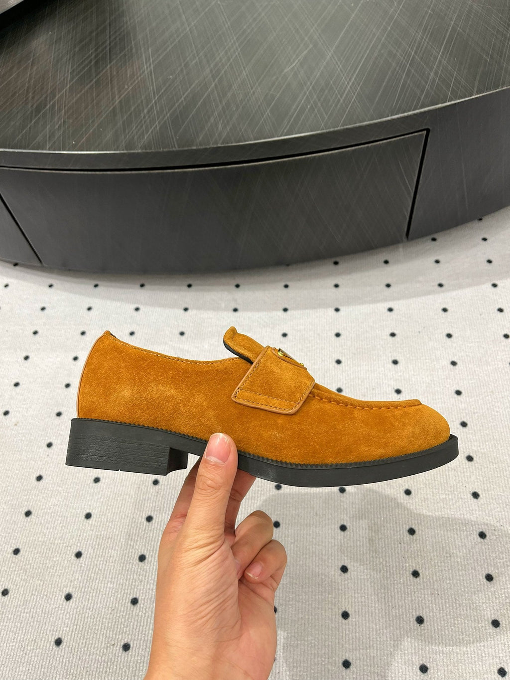 PRADA TRIANGLE LOGO LOAFER IN PERU BROWN SUEDE
