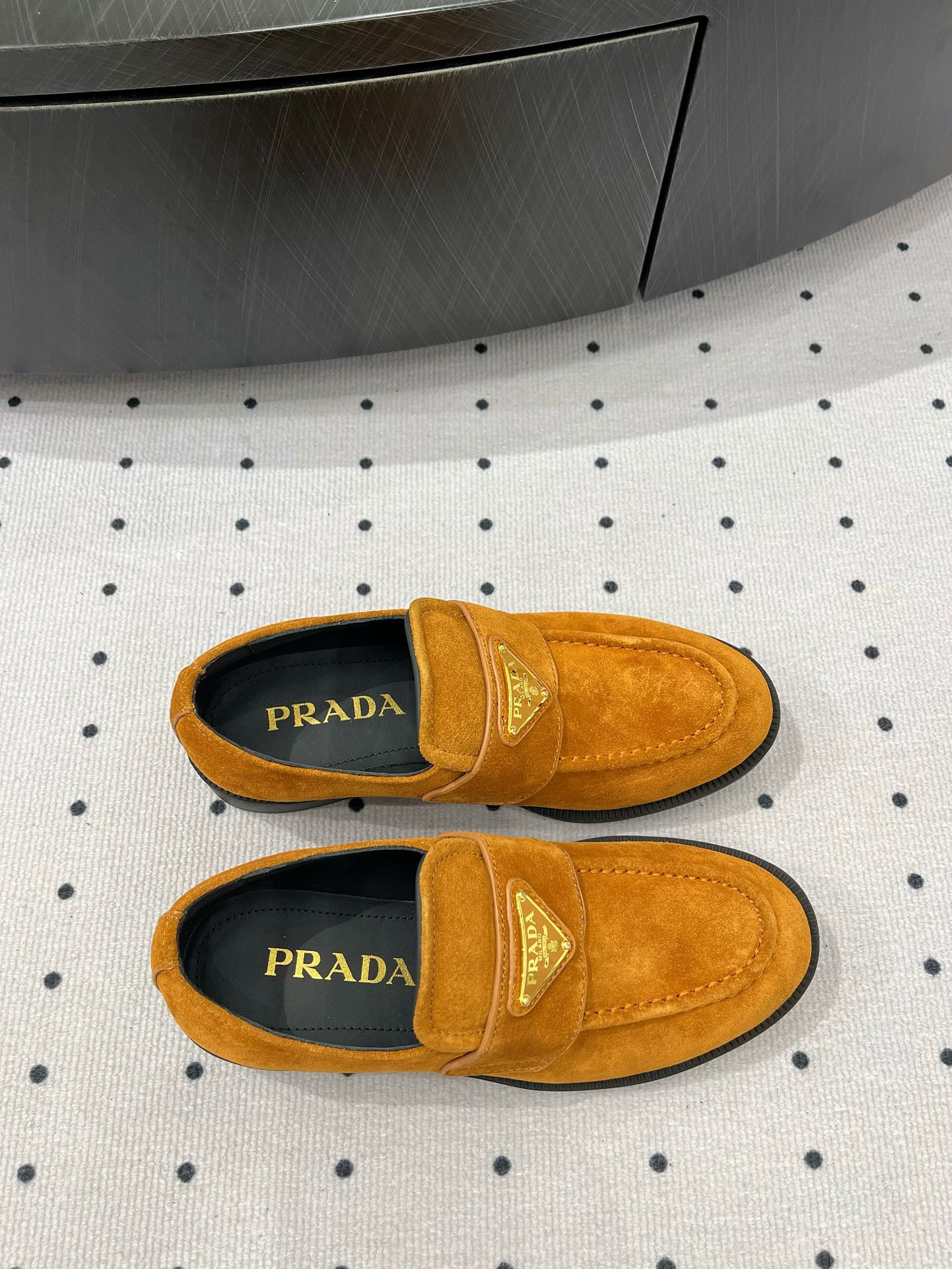 PRADA TRIANGLE LOGO LOAFER IN PERU BROWN SUEDE