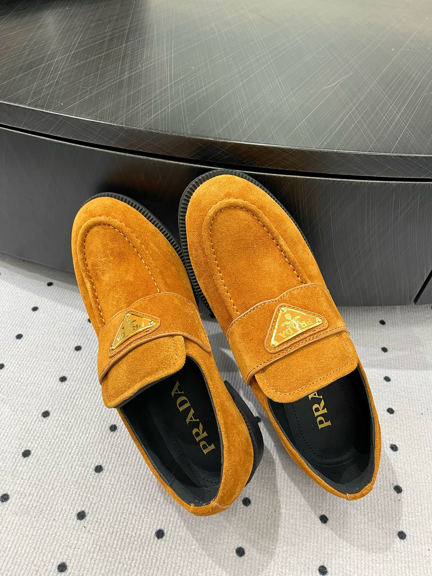 PRADA TRIANGLE LOGO LOAFER IN PERU BROWN SUEDE