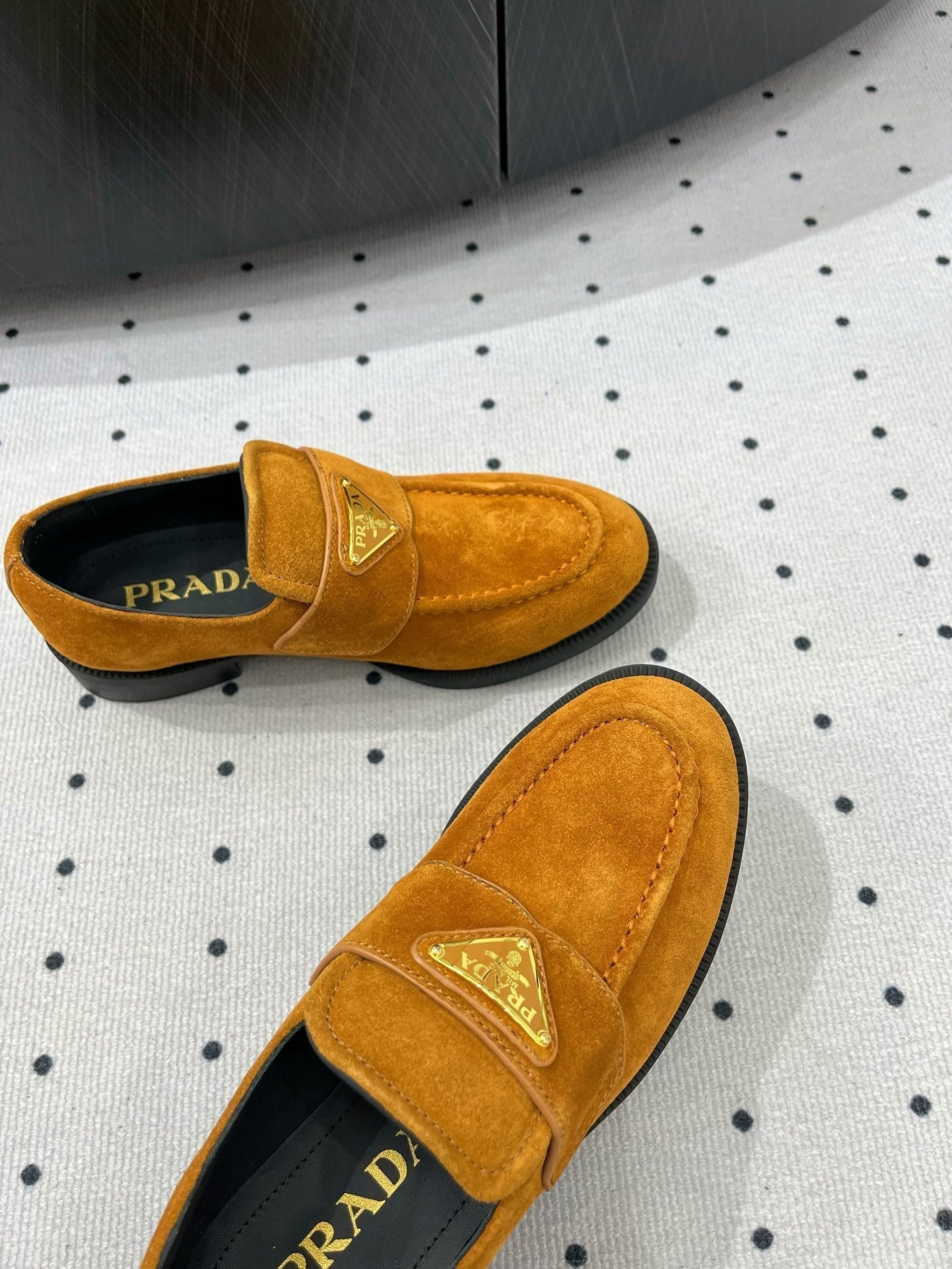 PRADA TRIANGLE LOGO LOAFER IN PERU BROWN SUEDE