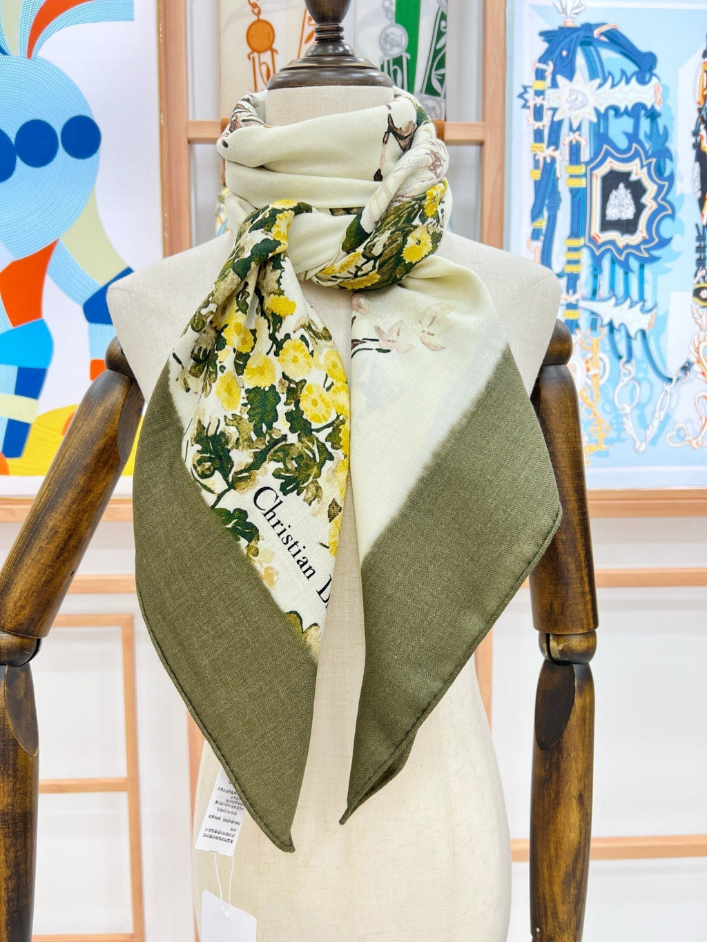 DIOR REVERSIBLE SCARF 140 CM IN CREAM WHITE MIX GREEN WOOL-SILK FABRIC 735876