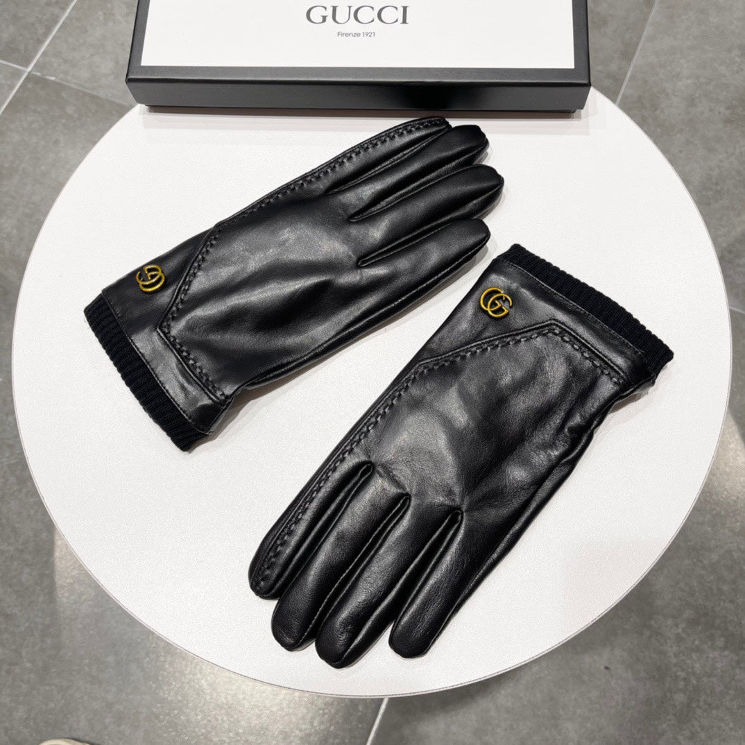 GUCCI TOUCHSCREEN GLOVES IN BLACK LAMBSKIN MIX WOOL 130577