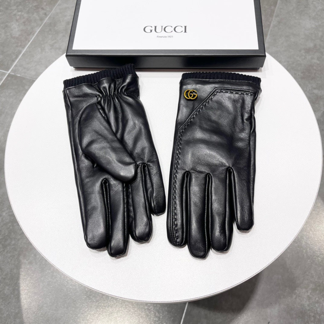 GUCCI TOUCHSCREEN GLOVES IN BLACK LAMBSKIN MIX WOOL 130577