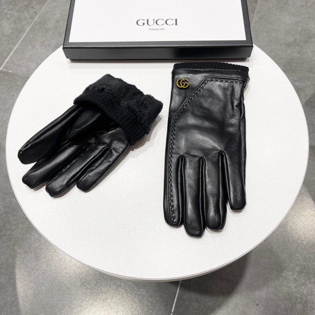 GUCCI TOUCHSCREEN GLOVES IN BLACK LAMBSKIN MIX WOOL 130577